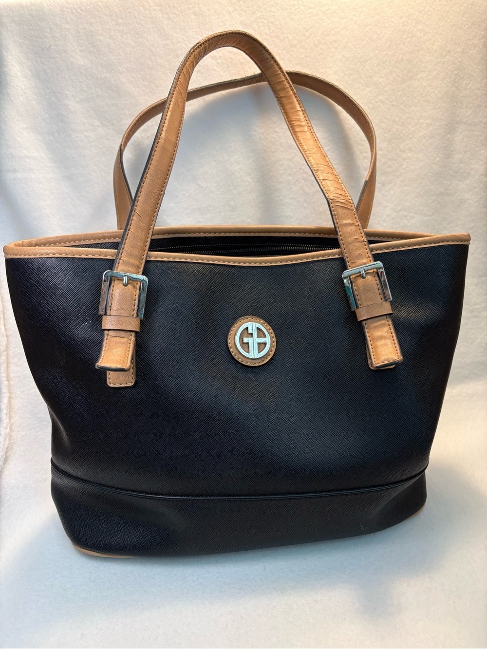 Gianni Bernini Black Tote with Tan Trim and Straps